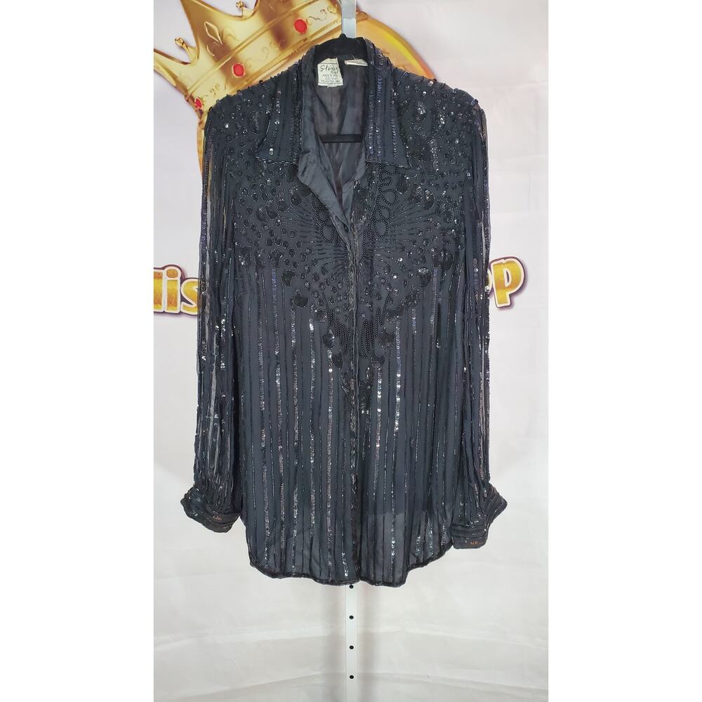 Stenay Plus Black Silk Sequin Beaded Blouse Size 3X